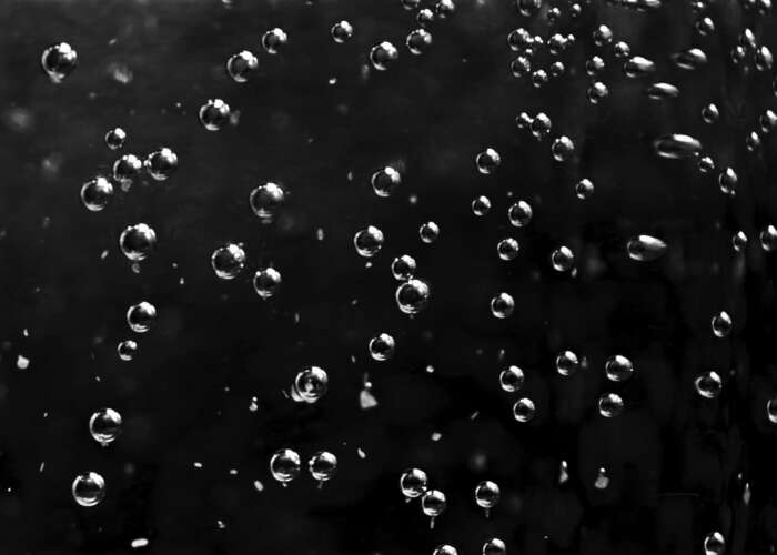 Abstract air bubbles moving underwater. Close up of round transparent oxygen bubbles flowing slowly isolated on black background, monochrome.
